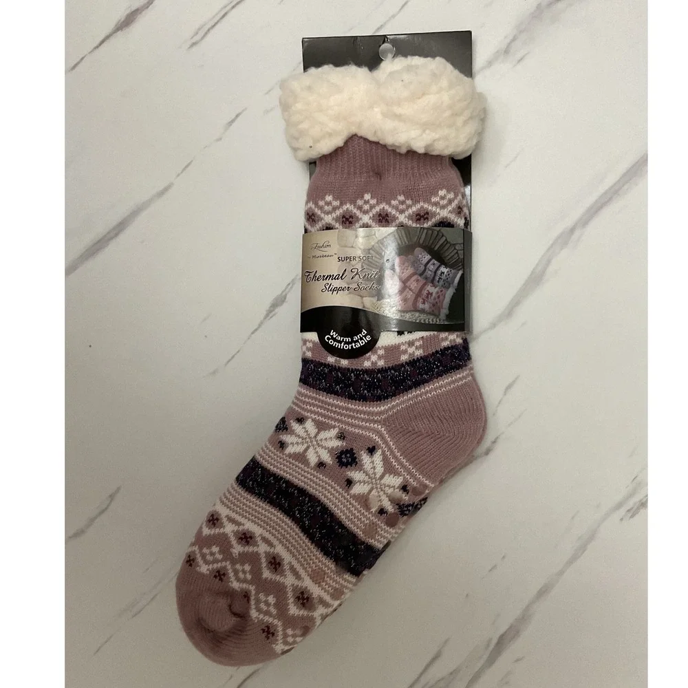 Fashion by Mirabeau‎ Thermal Knit Slipper Socks Mauve Snowflake Sparkle 4.7 TOG